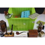 A box of tobacco related collectables to include pipes, cigarette dispensers, tobacco tins and
