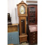 20th century ' Tempus Fugit ' Golden Oak Longcase Clock, the brass and silvered dial with Roman