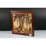 Indian Hardwood Marquetry Panel depicting a Woman with Goats under a Tree, 38cm x 38cm