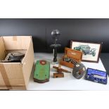A box of mixed collectables to include a cased Otoscope, a Sarony cigarettes roulette tin box,