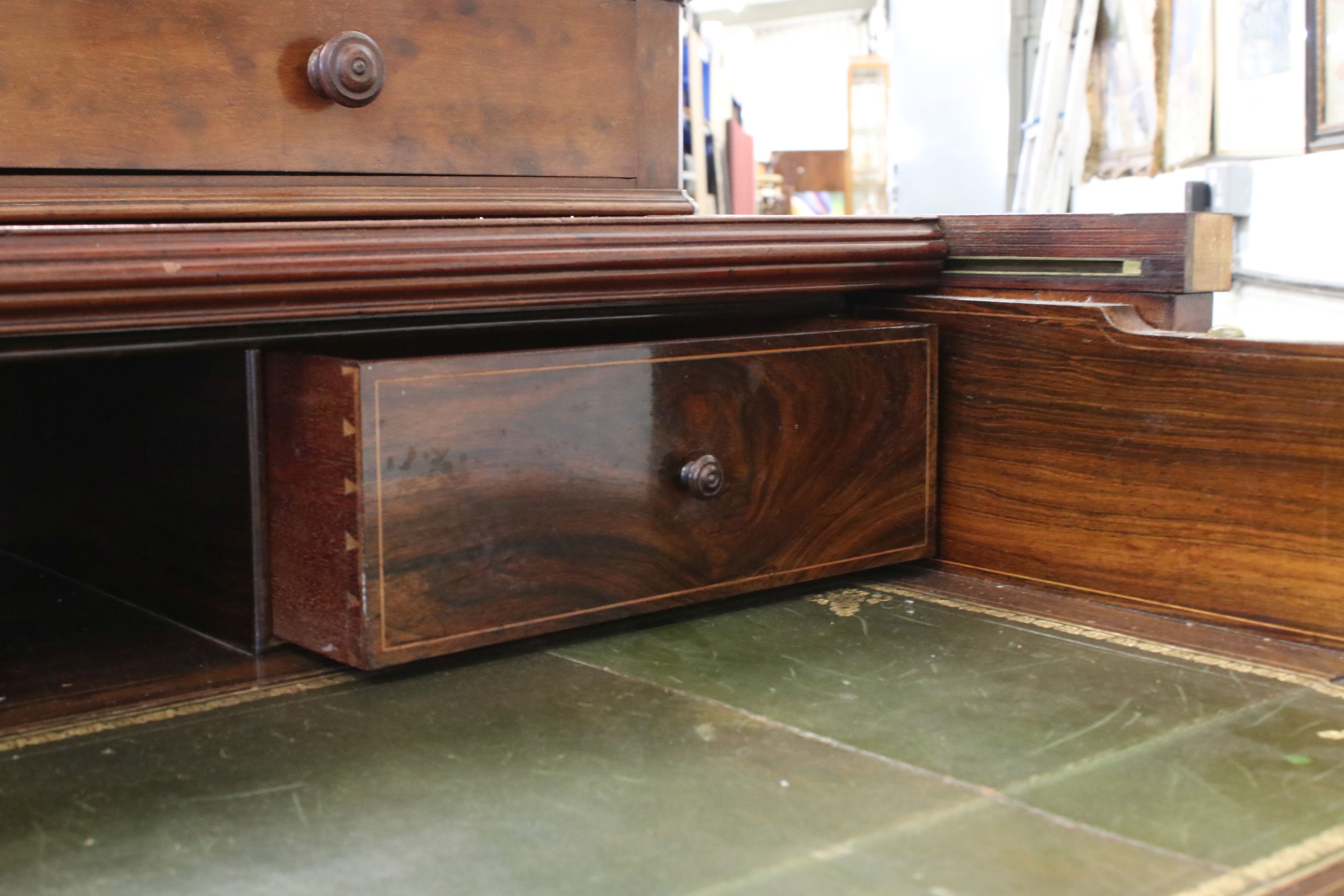 Victorian Desk, three upper drawers above a sliding secretaire with tooled leather inset and two - Image 4 of 11