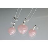 Pair of silver rose quartz earrings and matching pendant necklace