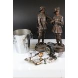 A box of mixed collectables to include two large Musketeer figures, carbide bicycle lamp, hip flask,