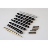 A collection of vintage fountain pens to include Parker examples with 14ct gold nibs.