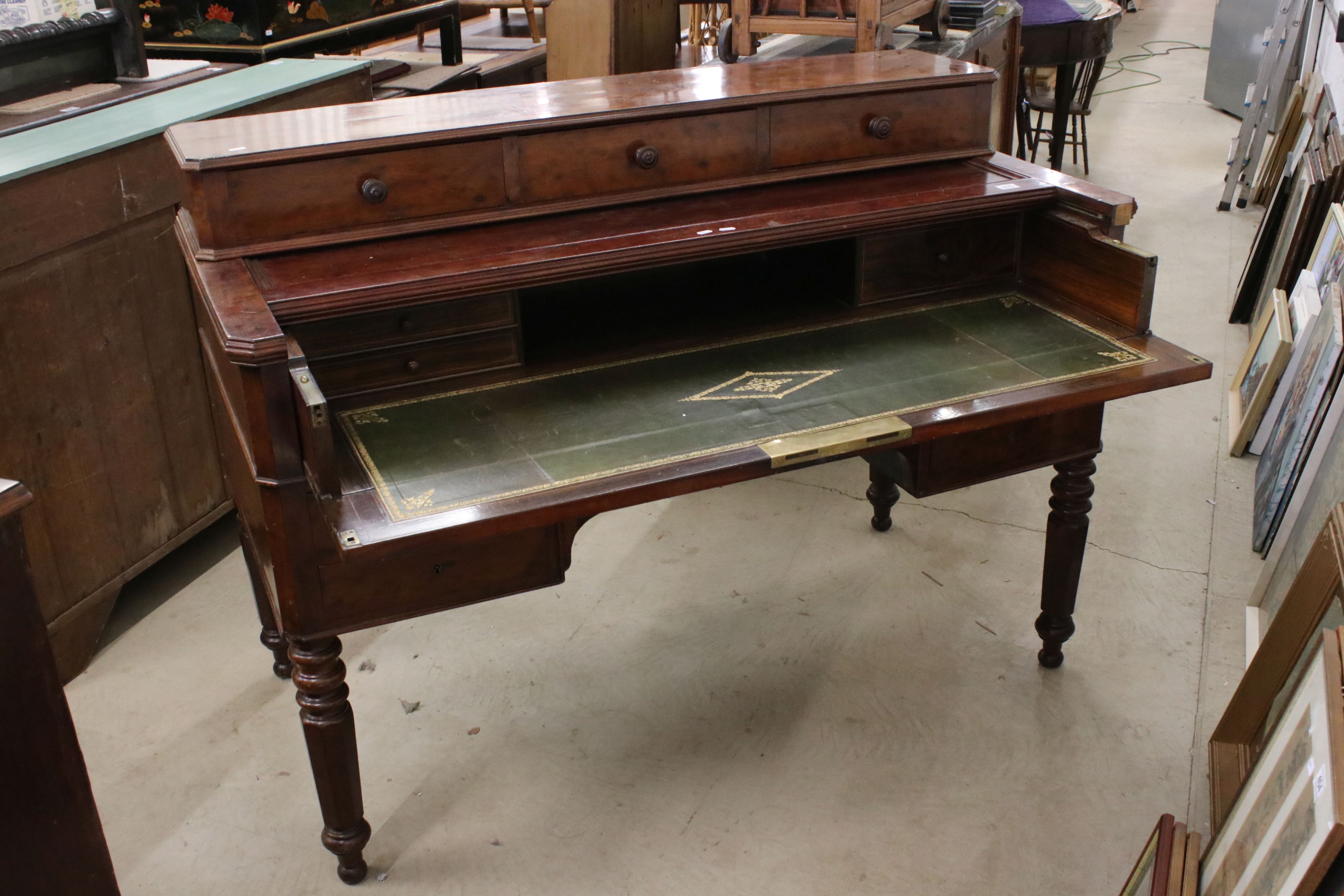 Victorian Desk, three upper drawers above a sliding secretaire with tooled leather inset and two