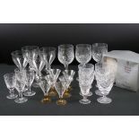 Collection of Drinking Glasses including set of Six Art Deco Glasses with amber tinted bases, set of