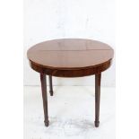 Early 19th century Mahogany Inlaid Demi-Lune Fold over Tea Table raised on tapering supports and