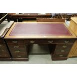 Victorian Mahogany Twin Pedestal Writing Desk with red leather inset top over an arrangement of nine