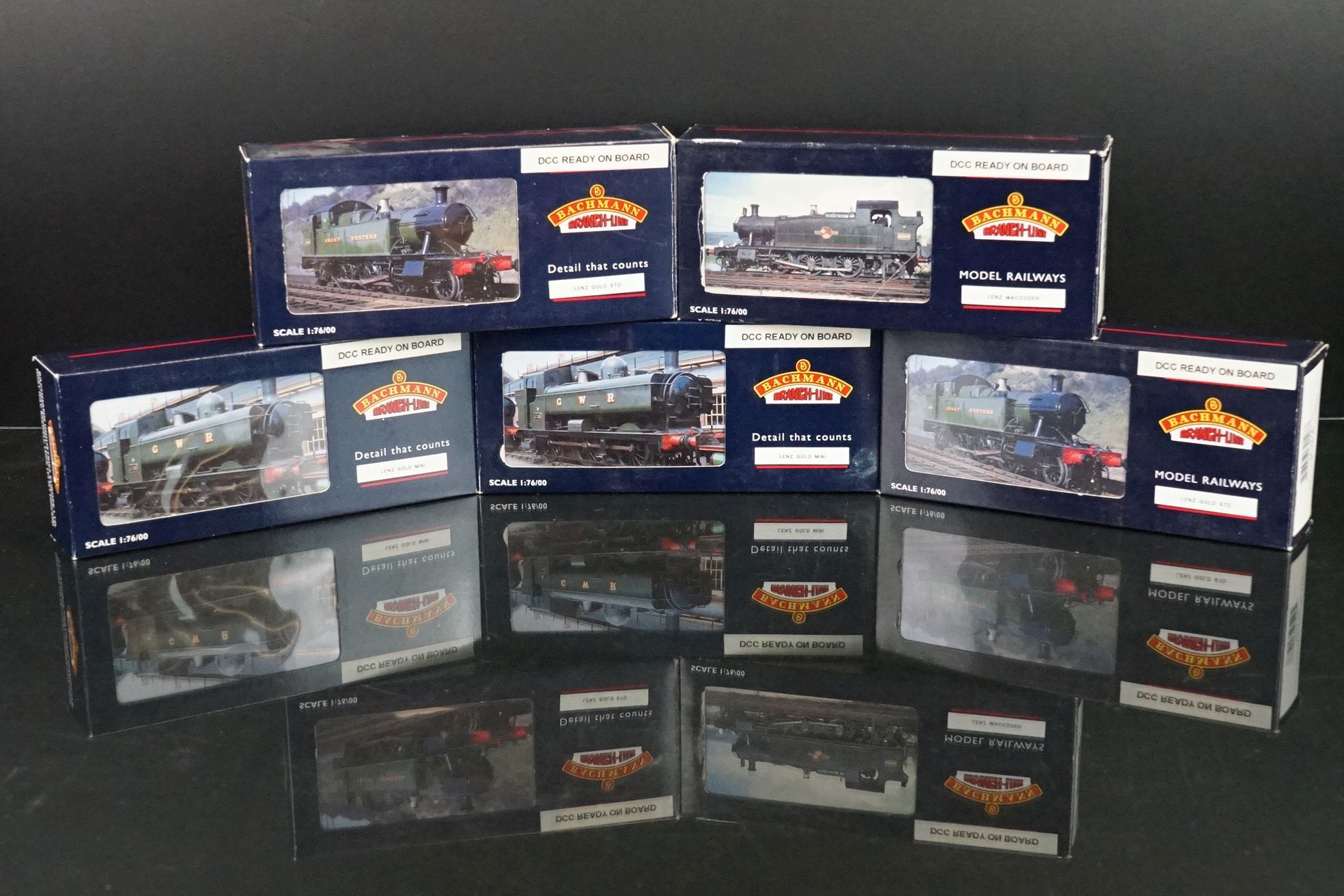 Five boxed Bachmann OO gauge locomotives with Lenz Gold Mini, Lenz Gols Std or Maccoder DCC