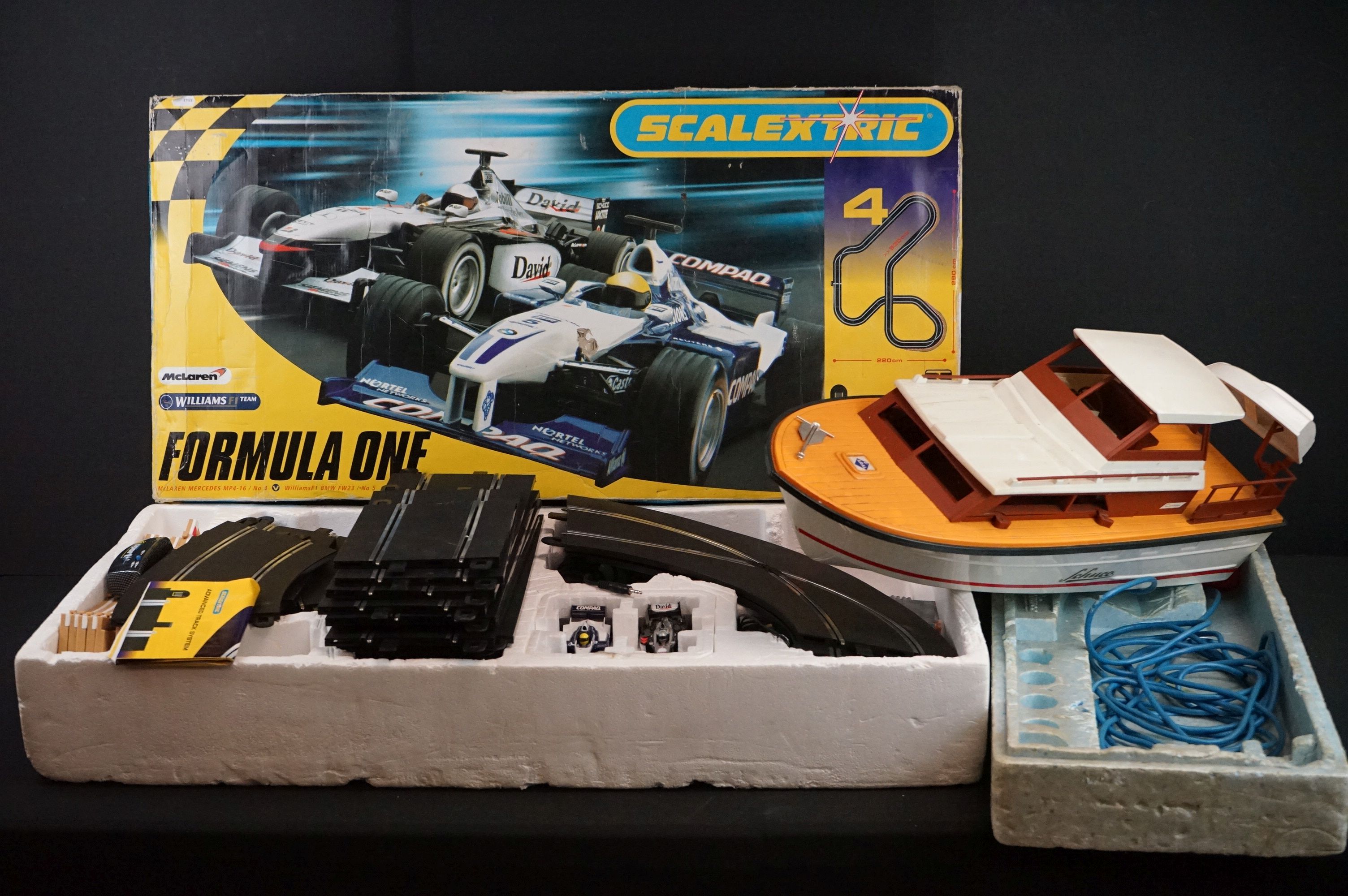 Schuco No. 763 Cytra Ambassador 38 yacht within polystyrene packaging plus a boxed Scalextric