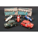 Five Triang Scalextric slot cars to include 2 x Austin Mini Cooper in green (missing a wheel) and