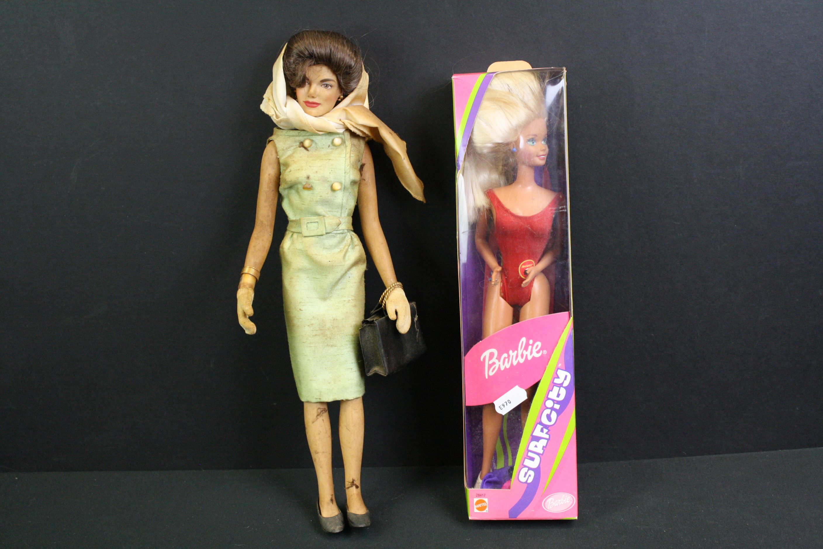 Boxed Mattel Barbie SurfCity 28417 doll plus a Jackie Kennedy doll marked 'Jackie' to side (Franklin