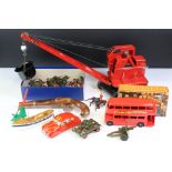 Collection of mixed toys to include 3 x tin plate toys (Triang Jones KL44 Crane with bucket, tank