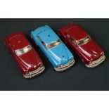 Three Schuco Ingenico tinplate clockwork cars to include 2 x 5380 (1 x blue & 1 x burgundy) and 5325