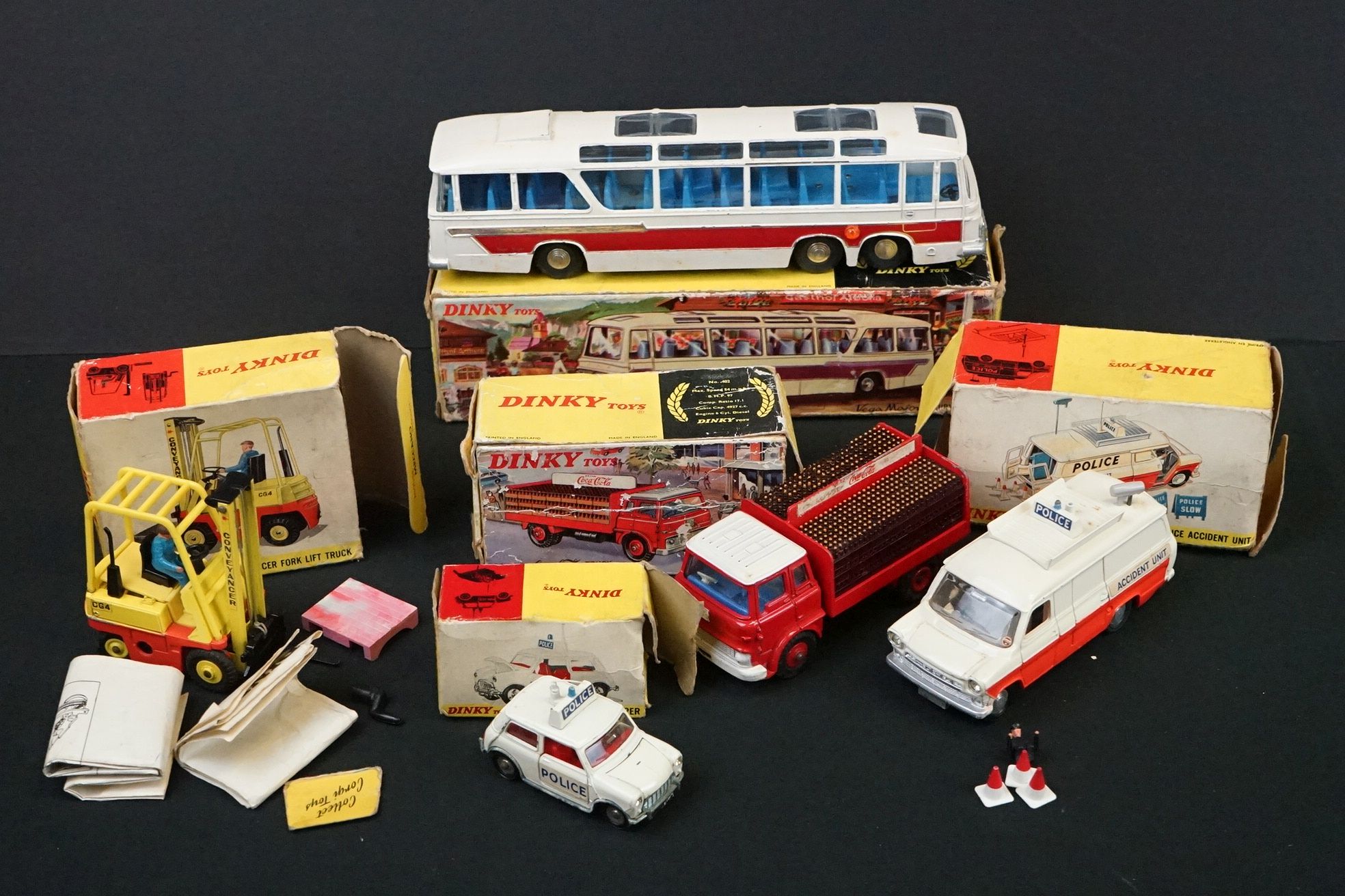 Five Boxed Dinky diecast models to include 952 Vega Major Luxury Coach in white, 402 Bedford Coca-