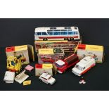 Five Boxed Dinky diecast models to include 952 Vega Major Luxury Coach in white, 402 Bedford Coca-