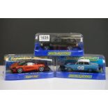 Three cased Scalextric slot cars to include Super Club Super Slot H3895 McLaren 7205 Azores, C2878