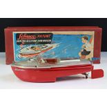 Boxed Schuco Elektro Delfino 5411 Navico electric motor boat in silver & red and complete with