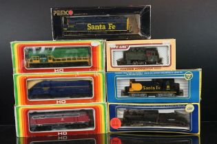 Seven boxed HO gauge locomotives to include 3 x Mehano, 2 x AHM, 1 x Life Like and 1 x Pemco,