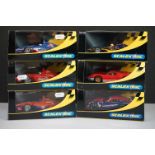 Six cased / boxed Scalextric slot cars to include C2516 Dallara Indy Mobil 1 No5, C2517 Gulf No 4,