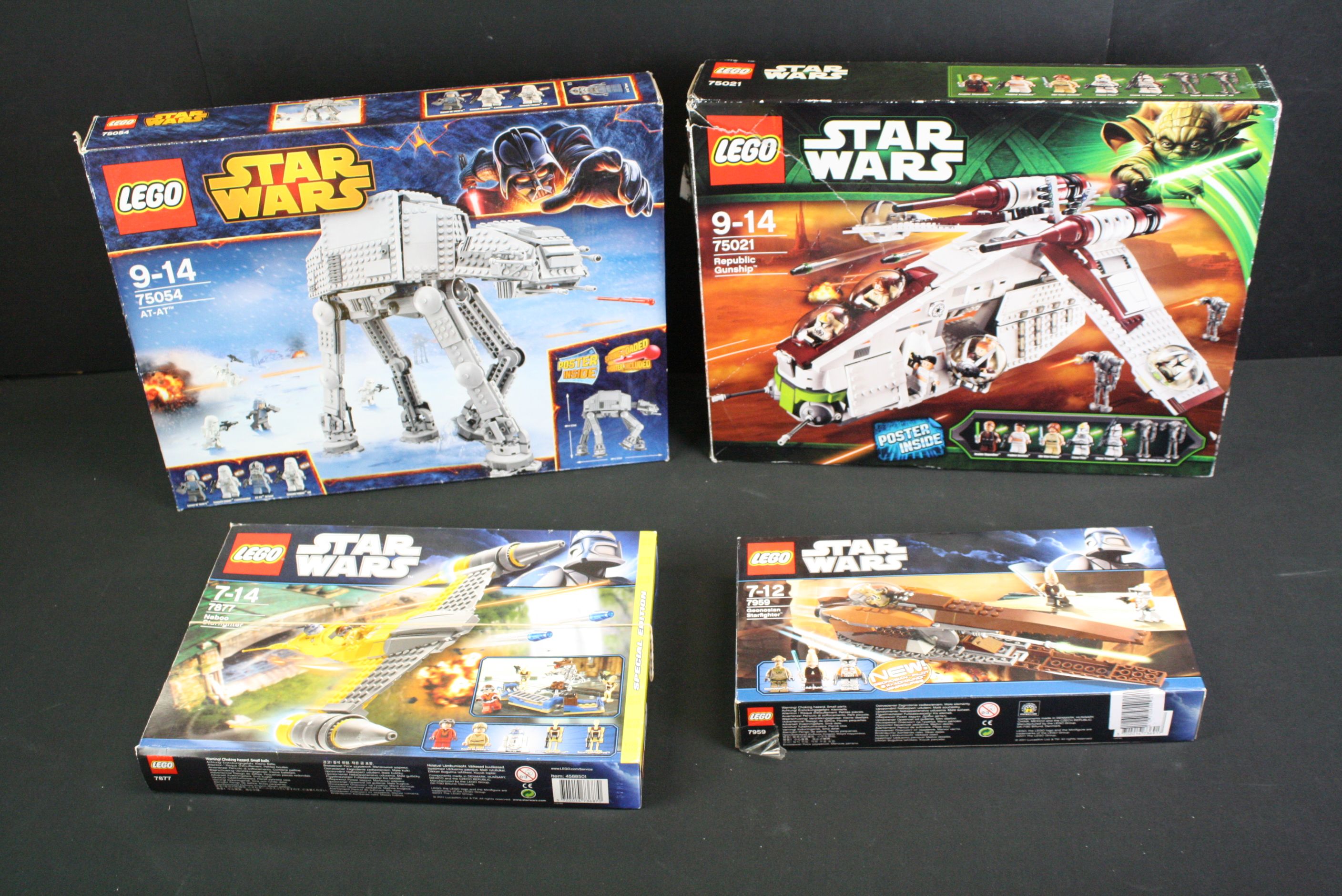 Lego - Four boxed Lego Star Wars sets to include 75021 Republic Gunship, 75054 AT-AT, 7877 Naboo