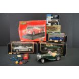 Five boxed diecast models to include 1 x 1/18 Burago (Jaguar E Cabriolet), 2 x Maisto (1/18 Jaguar