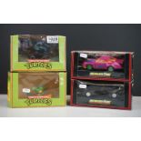 Four boxed TV related Scalextric slot cars to include C465 Batman Batmobile, C466 Joker's Porsche