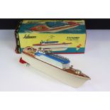 Boxed Schuco Elektro Nautico 5550 tin plate model boat with captain, vg condition with some paint