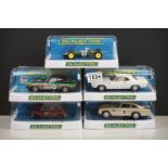 Five cased Scalextric slot cars to include C4238 Austin Mini Cooper S Broadspeed, C4166 Aston Martin