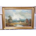 Large framed oil on canvas of a lake and mountain scene, believed to be Watzmann Mountain,