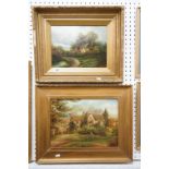 Two Late 19th / Early 20th century Oil Paintings of Country Cottages, largest 37cm x 27cm, gilt