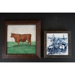 Rare hand painted Minton & Hollins tile of a dairy cow, signed, together with another tile of horses