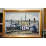 Oil Painting on Board of a Jetty by a River near Walberswick, Suffolk, signed JOP 03, 75cm x 50cm,