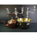 A pair of silver plated candelabra together with a copper teapot and a brass preserve pan.