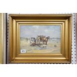 Oil on board, kelp gatherers with horses and carts at low tide