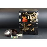 Japanese Black Lacquered Table Cabinet with chinoiserie decoration, 33cm high x 25cm wide together