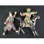 Oriental Pottery Wall Plaques in the form of a Warrior on Horseback, 32cm high and another figure