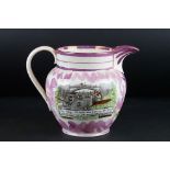 19th Century Sutherland lustre jug, decorated with a west view of the Iron Bridge and a verse "The
