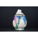 Clarice Cliff Bizarre Fantasque Preserve Jar decorated in the Rudyard pattern, 14cm high