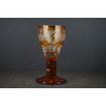 Cut Amber Wine Glass, the cylindrical bowl with cut and etched grape and leaves decoration, raised