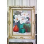 Swept framed oil painting, still life of flowering blooms & ceramic pots