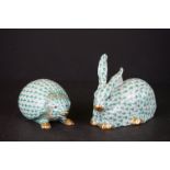 Herend Porcelain Green Hare, (a/f) 11cm long and a Herend Porcelain Green Hedgehog