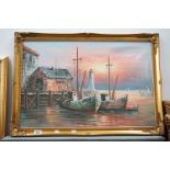 Max Savy (Mid 20th century) Oil Painting on Canvas of Fishing Harbour at Sunset, signed lower