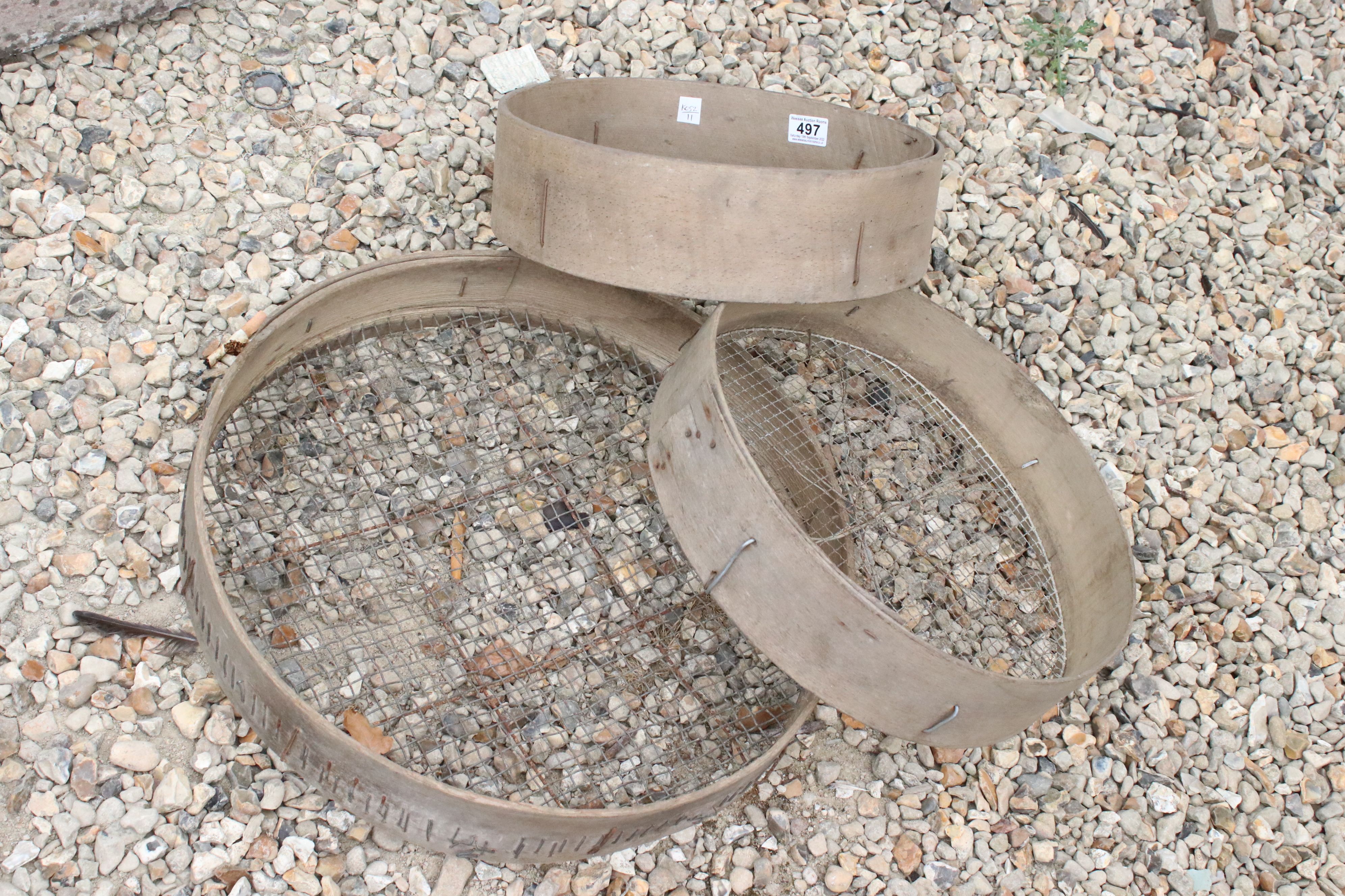 Three vintage chestnut garden sieves