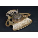 Art Nouveau German Brass Inkwell with holly leaf and berry decoration, marked Geschutzt to base,