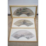 After Wan Yi Chan, Chinese, three extensive watercolour traditional scene landscapes with figures,
