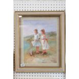 Framed oil painting study, a coastal view of two girls with a toy yacht