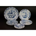 Five 18th century Chinese Porcelain Blue and White Plates, largest 28cm diameter