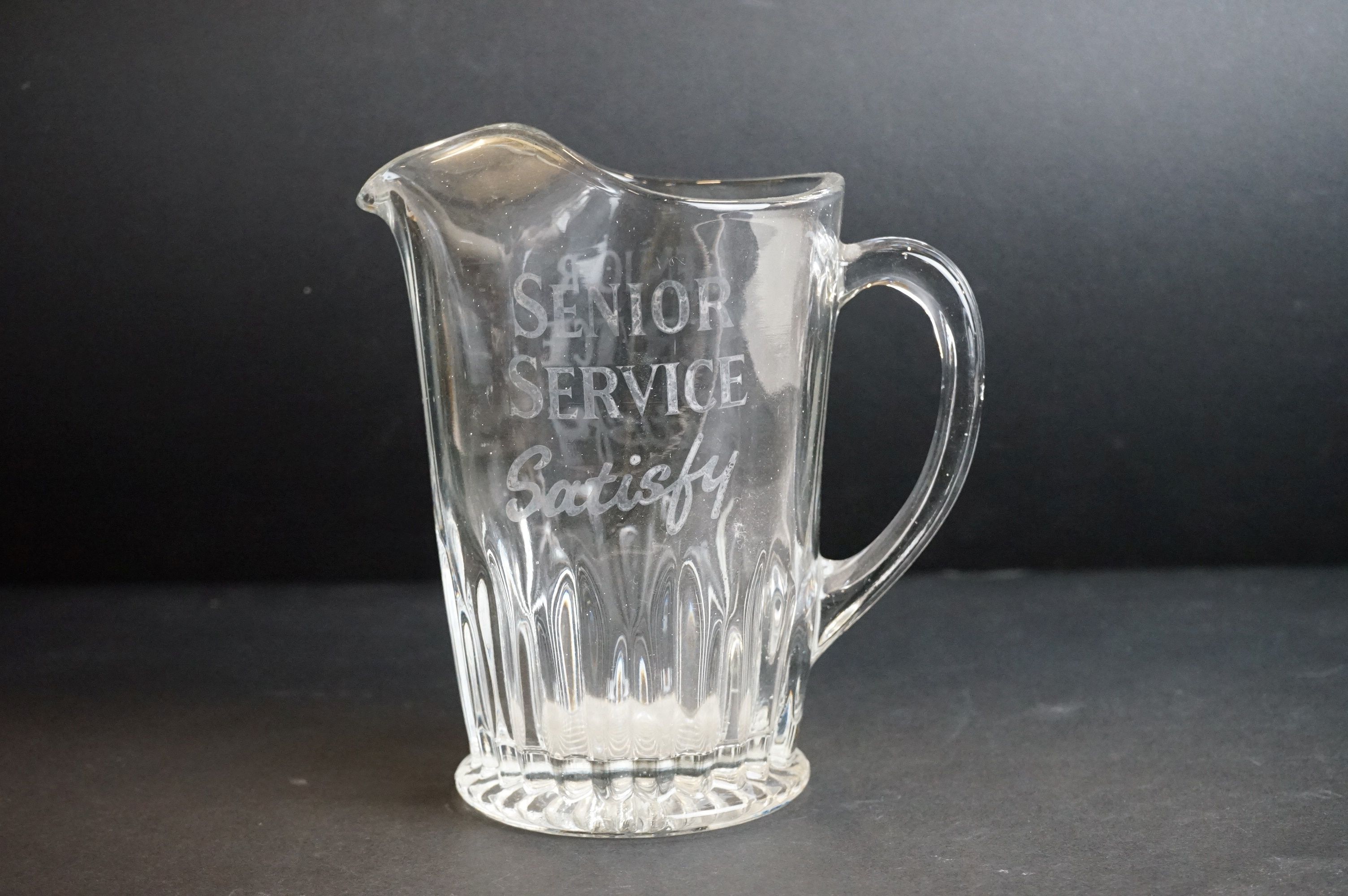 Early to Mid 20th century Advertising Glass Water Jug ' Senior Service Satisfy ', 18cm high