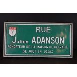 Mid century French sign 'Rue Julien Adanson', measures approx 51cm x 26cm.
